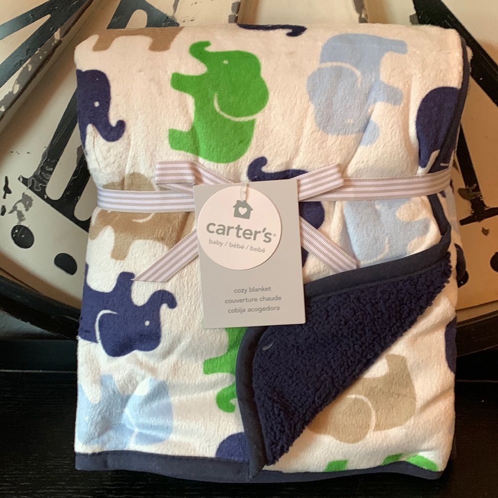 Carter’s NWT Elephant Baby Blanket 30x40 Green Blue Tan Navy White Plush Sherpa